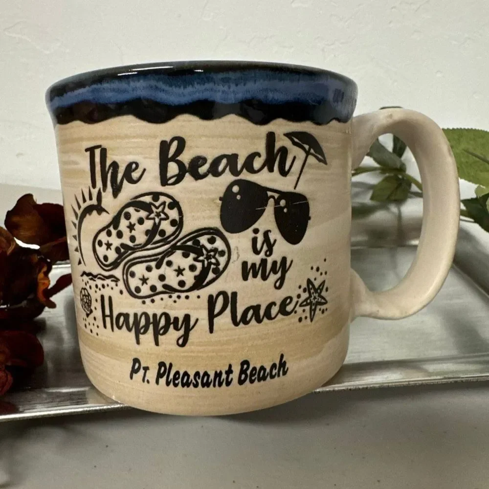 Beach Coffee Mug The Beach is my Happy Place Blue Trim Ceramic Mugs Vacay Gift